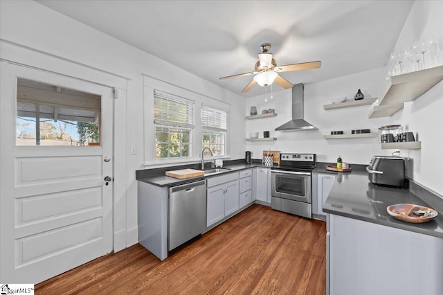 kitchen featuring sink, ceiling fan, stainless steel appliances, dark hardwood / wood-style floors, and wall chimney exhaust hood