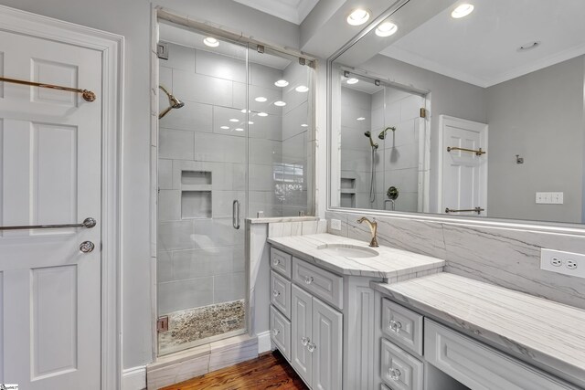 12 Cothran St, Greenville, SC 29605 - bathroom with vanity, crown molding, and a shower with shower door