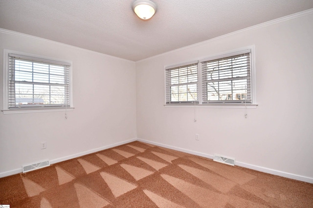 carpeted empty room featuring a textured ceiling, ornamental molding, and a healthy amount of sunlight