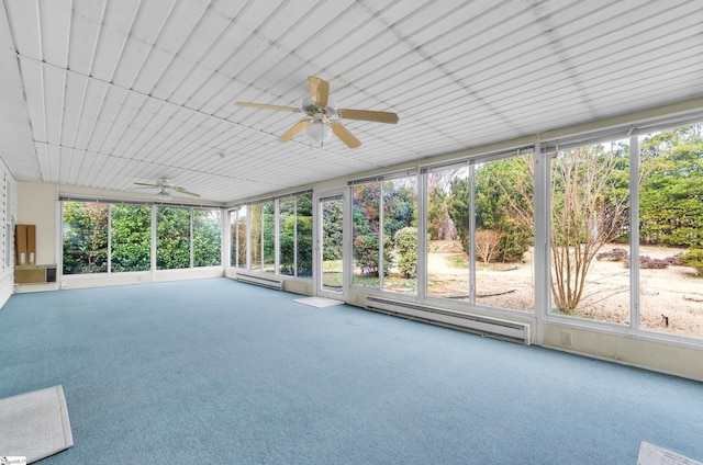 unfurnished sunroom with a baseboard radiator, a wealth of natural light, and ceiling fan