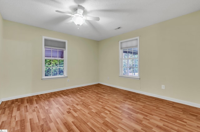 spare room featuring a wealth of natural light, a textured ceiling, and light wood-type flooring