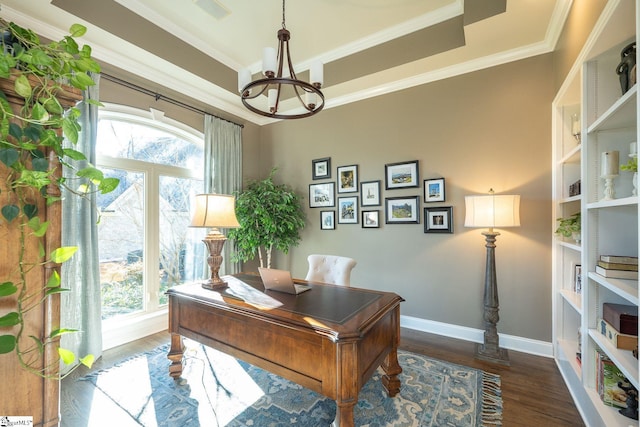 office area with crown molding, a healthy amount of sunlight, dark hardwood / wood-style flooring, and a tray ceiling