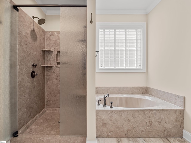 full bath featuring a garden tub, ornamental molding, and a shower stall