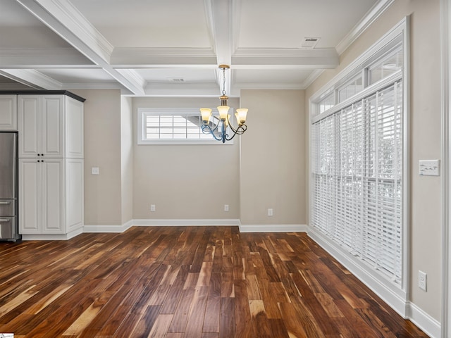 unfurnished dining area featuring a chandelier, beam ceiling, dark wood finished floors, and baseboards