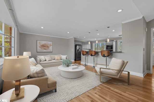 living room with crown molding and light hardwood / wood-style floors