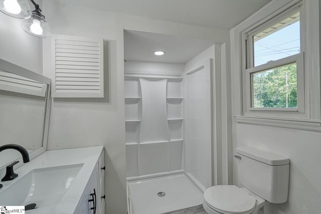 bathroom featuring toilet, vanity, and walk in shower