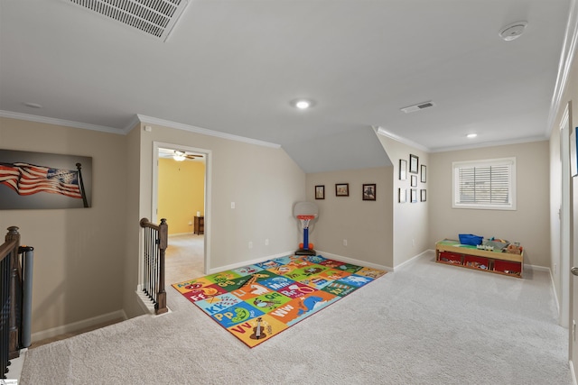 game room featuring crown molding and light colored carpet