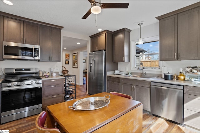 kitchen with dark brown cabinetry, sink, light hardwood / wood-style flooring, pendant lighting, and stainless steel appliances