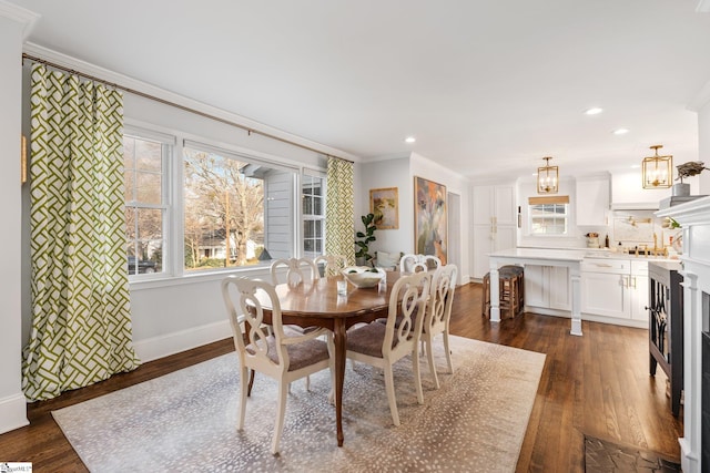 dining area featuring crown molding, dark wood-type flooring, and a wealth of natural light