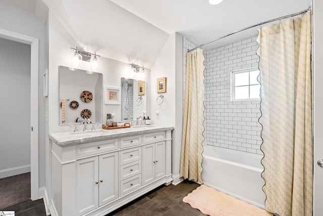 bathroom with vanity and shower / bath combo with shower curtain