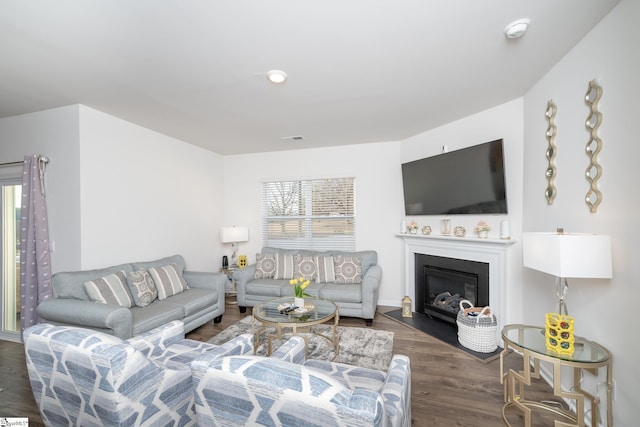 living room featuring dark wood-type flooring