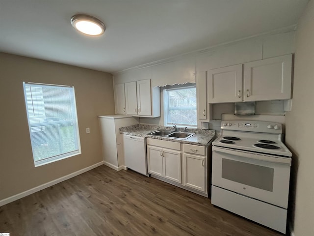 kitchen featuring white appliances, dark hardwood / wood-style flooring, sink, and white cabinets