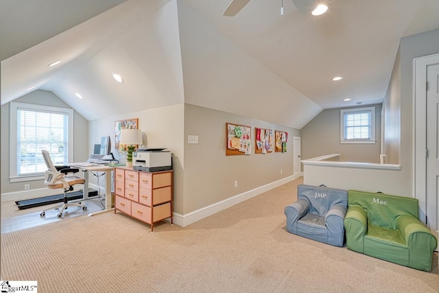 carpeted office with vaulted ceiling