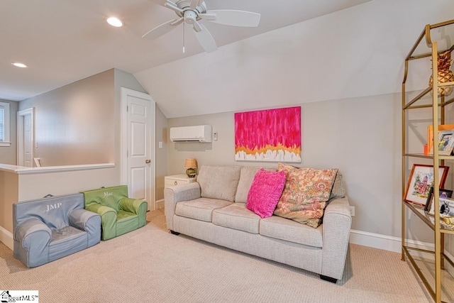 living room featuring ceiling fan, lofted ceiling, carpet flooring, and a wall unit AC