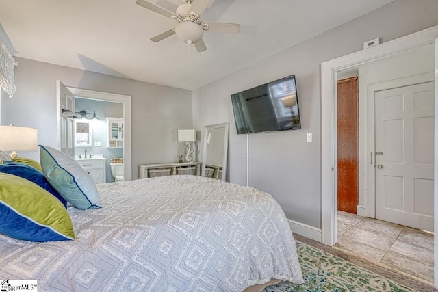 bedroom featuring ceiling fan and connected bathroom