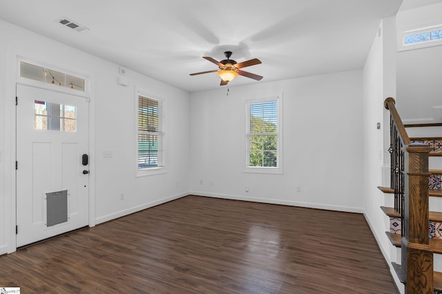 entryway featuring ceiling fan, dark hardwood / wood-style floors, and a healthy amount of sunlight