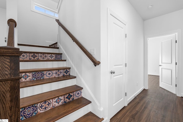 stairway with hardwood / wood-style flooring