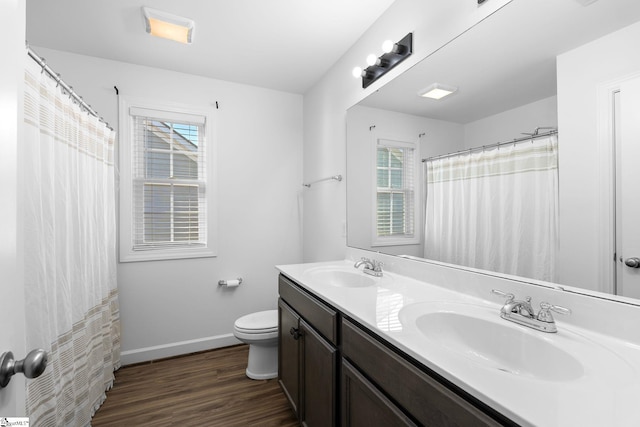 bathroom featuring vanity, wood-type flooring, and toilet