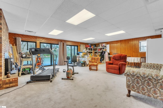 exercise area with carpet floors, wooden walls, and a paneled ceiling