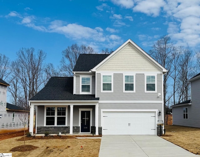 view of front of home featuring driveway, a garage, a shingled roof, stone siding, and central air condition unit