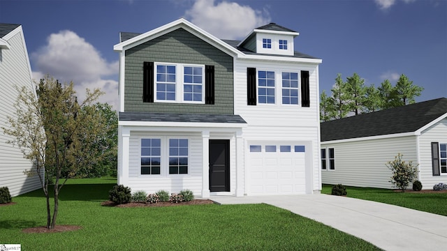 view of front of property with a garage and a front yard