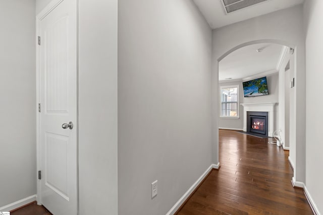 corridor featuring dark wood-type flooring