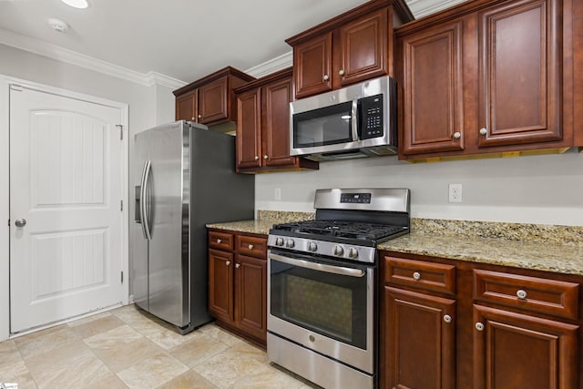 kitchen featuring crown molding, light stone countertops, and appliances with stainless steel finishes