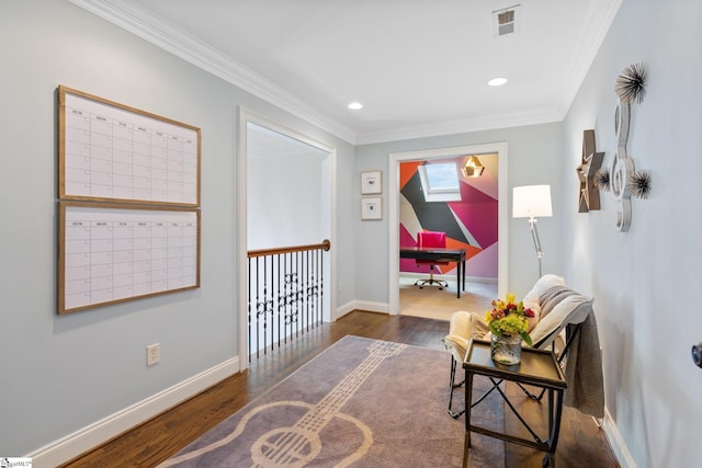 hall with crown molding and dark hardwood / wood-style floors