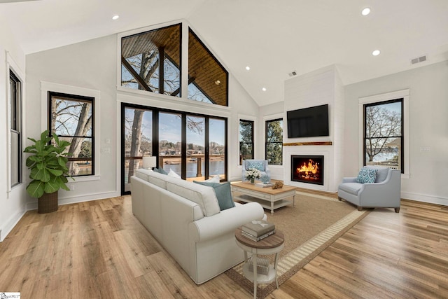 living room featuring light hardwood / wood-style floors and high vaulted ceiling