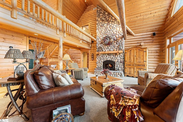 carpeted living room featuring high vaulted ceiling, a stone fireplace, wooden ceiling, and a healthy amount of sunlight