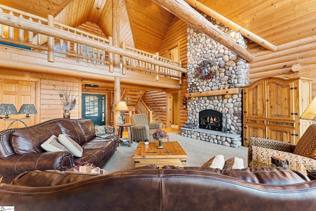 living room with high vaulted ceiling, a stone fireplace, wooden ceiling, and carpet flooring