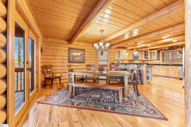 dining area featuring beamed ceiling, sink, a notable chandelier, light hardwood / wood-style floors, and wood ceiling