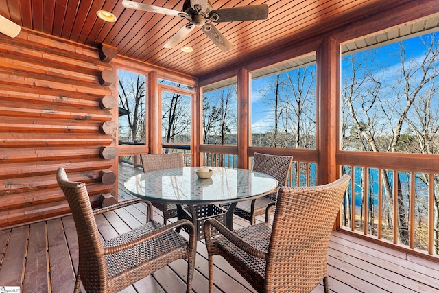 exterior space featuring wood ceiling and ceiling fan