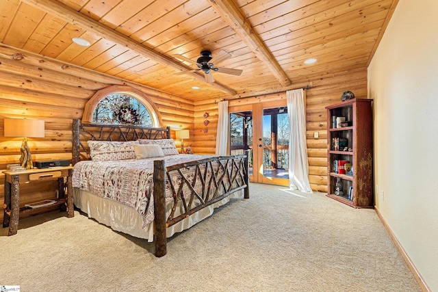 carpeted bedroom with wooden ceiling, access to outside, log walls, and beam ceiling