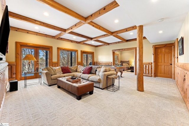 living room featuring coffered ceiling, light carpet, and beamed ceiling