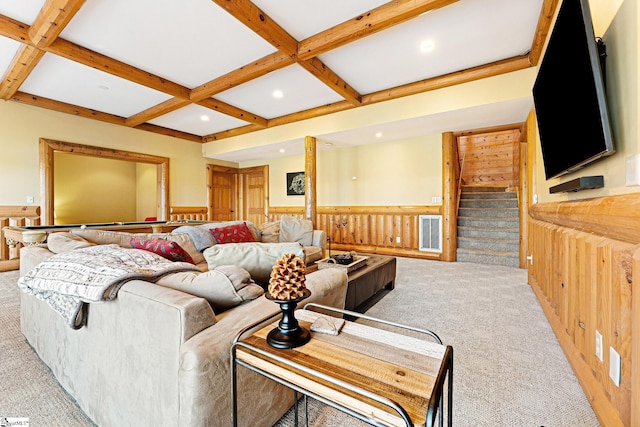 living room featuring coffered ceiling, beam ceiling, and light carpet