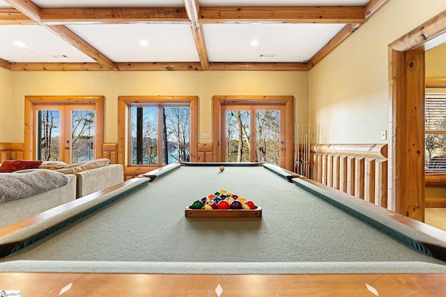 playroom with coffered ceiling, beam ceiling, and french doors