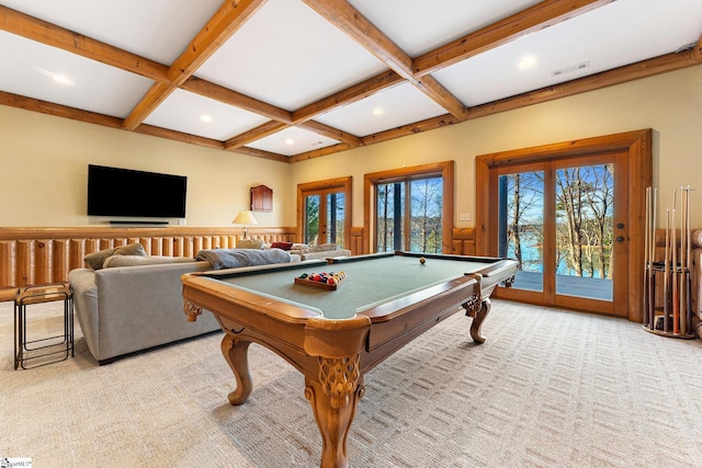 recreation room with coffered ceiling, light carpet, billiards, and beamed ceiling