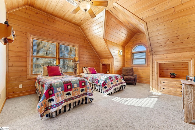 bedroom featuring lofted ceiling, wooden walls, wooden ceiling, and carpet flooring