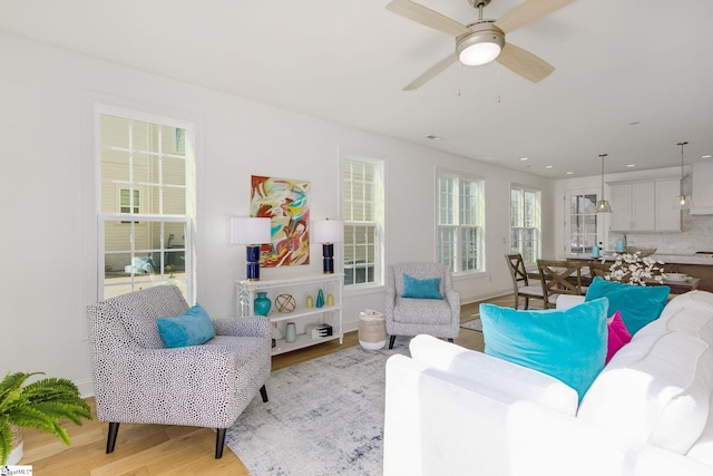 living room with light hardwood / wood-style floors and ceiling fan