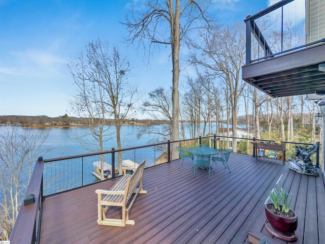 deck featuring a water view