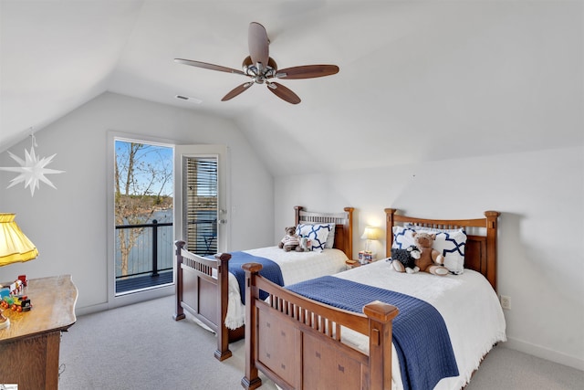 bedroom with vaulted ceiling, light carpet, access to exterior, and ceiling fan