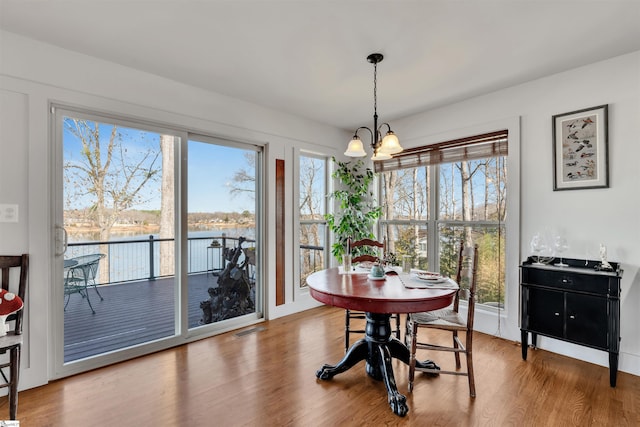 dining space featuring an inviting chandelier, hardwood / wood-style flooring, and a water view