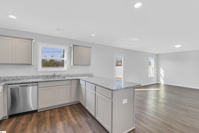 kitchen with dark hardwood / wood-style floors, sink, stainless steel dishwasher, and light stone counters