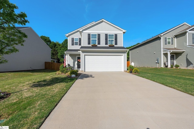 front facade featuring a garage and a front yard