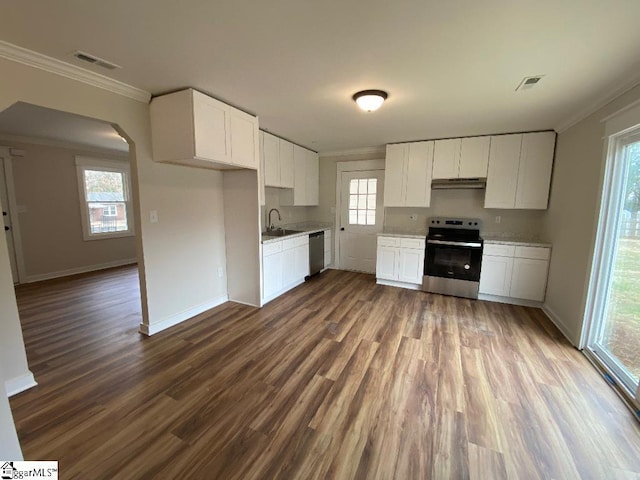 kitchen with white cabinetry, sink, crown molding, and stainless steel appliances