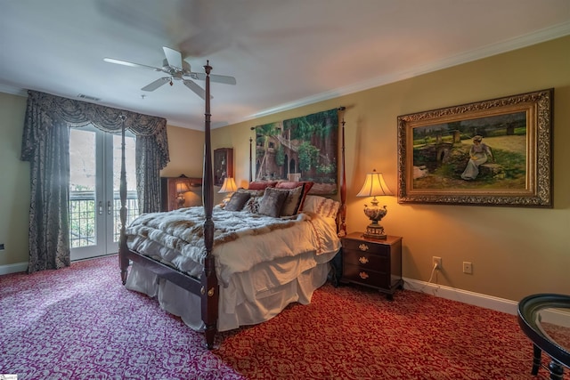 bedroom with crown molding, carpet flooring, access to exterior, and ceiling fan