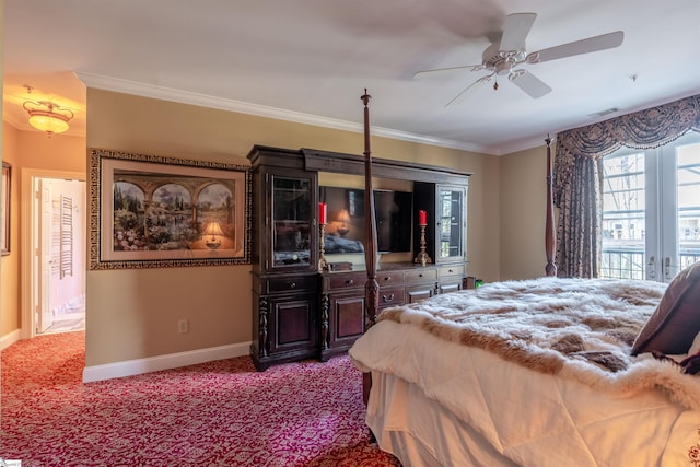 carpeted bedroom featuring crown molding and ceiling fan