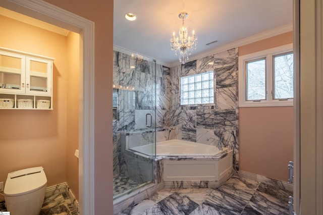 bathroom with ornamental molding, toilet, separate shower and tub, and a notable chandelier