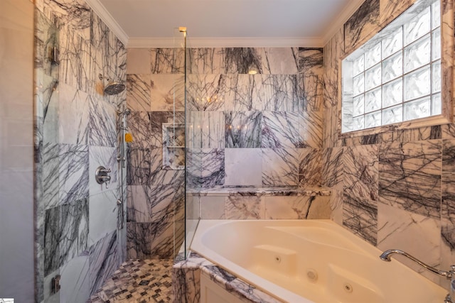 bathroom with shower with separate bathtub, tile walls, and crown molding